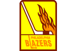 Philadelphia Blazers Logo - Hockey Stick with flame with script in a yellow box