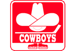 Calgary Cowboys Logo - Cowboys head with hockey stick and script in red box over skates
